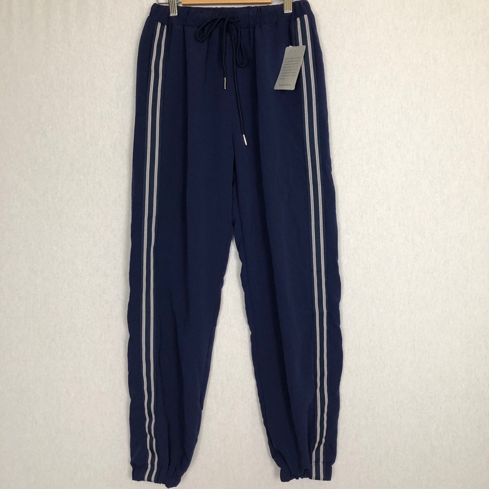 New MISSGUIDED Sz 4 Navy Blue Jogger Pants Stripes - Picture 2 of 7